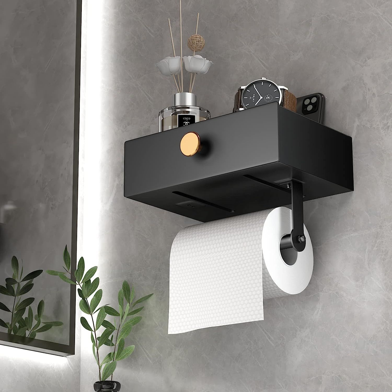 Toilet Paper Holder with Shelf Black Wipes Dispenser for Bathroom - Walmarkettt.com