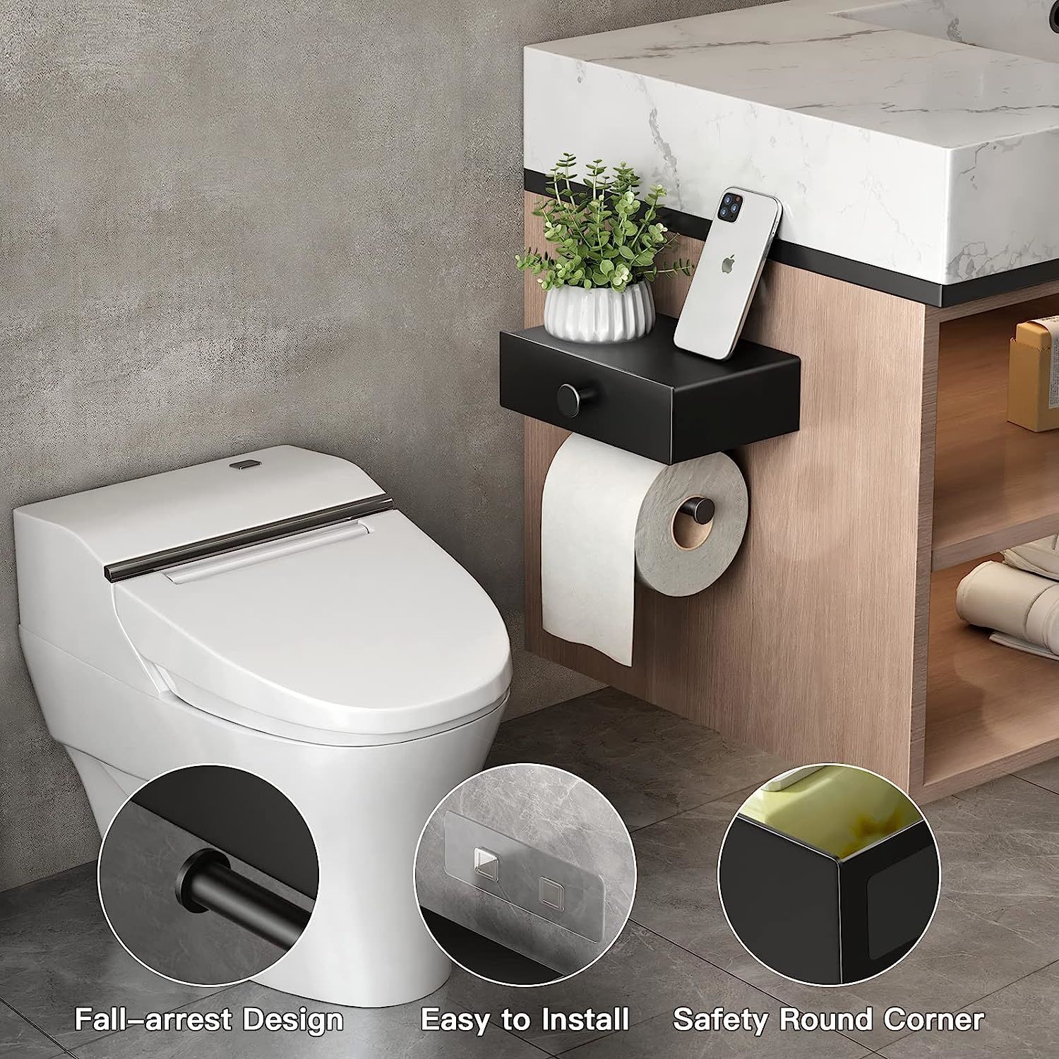 Toilet Paper Holder with Shelf Black Wipes Dispenser for Bathroom - Walmarkettt.com