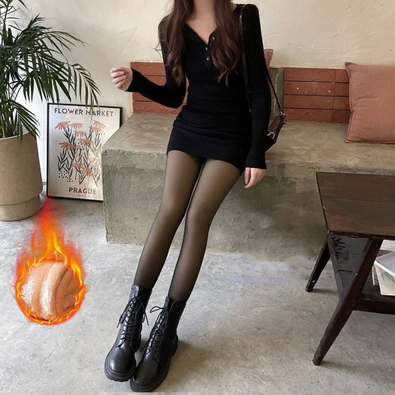 Women Thermal Leggings Winter Warm Sexy Elastic Translucent Pantyhose Female Fleece Thermal High Waist Slim Thicken Tight Pants - Walmarkettt.com