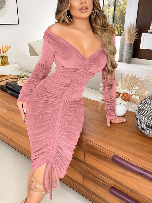 Women's Dresses V Neck Off The Shoulder Velvet Ruched Mid - length Dresses - Walmarkettt.com