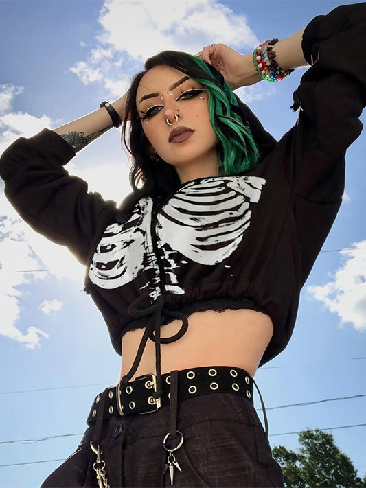 Women's Gothic Skull Print Casual Drawstring Short Hoodie Long Sleeve Top - Walmarkettt.com