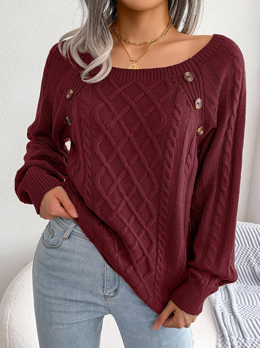 Women's Sweater Round Neck Texture Button Lantern Sleeve Sweater - Walmarkettt.com